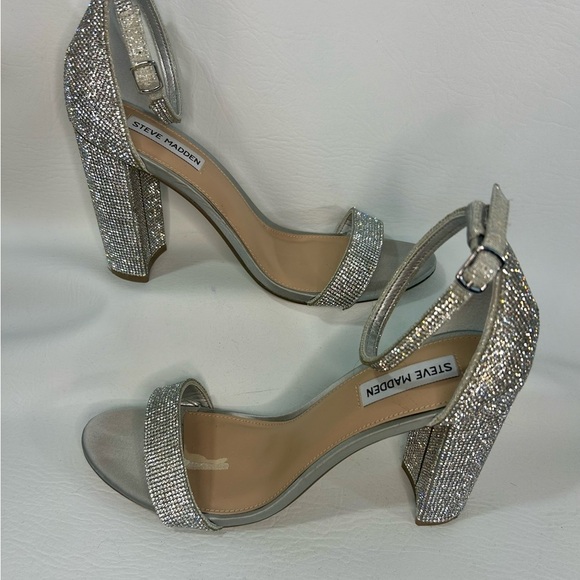 Steve Madden Shoes - Steve Madden Carrson Crystal Covered Block Heel Sandals – Silver | 4” Heel